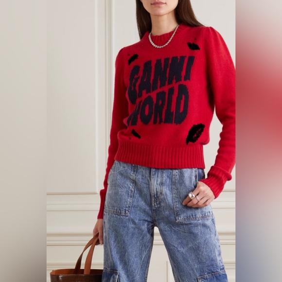 Ganni Intarsia recycled wool-blend Reconstructed Red Sweater